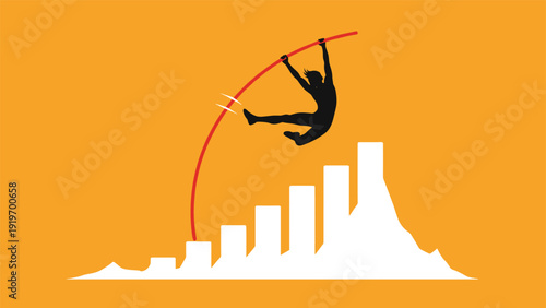 Silhouette of a person pole vaulting over a rising bar chart on an orange background, representing exceptional business growth.