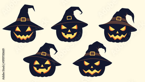 Set of five spooky halloween jack-o-lantern pumpkins with witch hats and different facial expressions on a cream background.