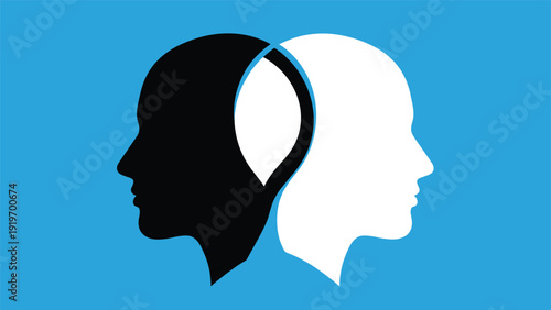 Silhouette profiles of two human heads in black and white overlap against a blue background, symbolizing psychology, communication, and duality.