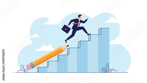 Businessman running up a set of stairs being drawn by a giant yellow pencil, representing self-made success and planning.