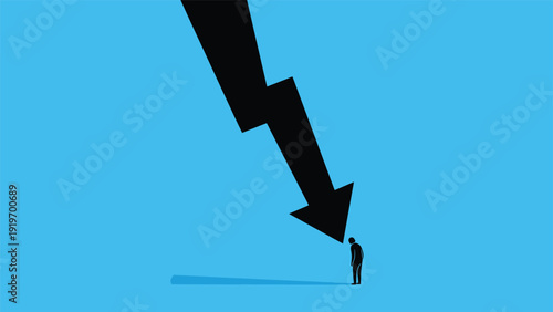 Depressed businessman silhouette stands under a massive black downward arrow on blue background, representing economic failure or personal crisis.