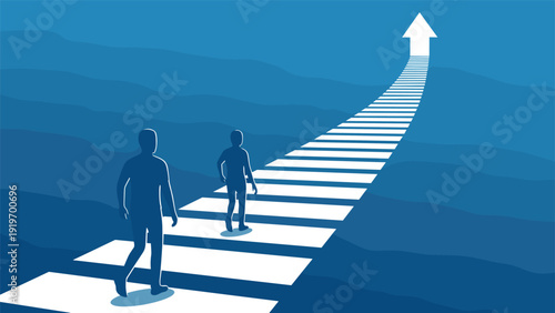 Silhouettes of two people walk upward along an illuminated path that leads to a bright arrow, symbolizing career advancement and mutual success.
