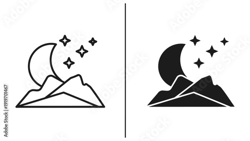 Minimalist Night Sky Mountains Icon with Crescent Moon and Stars Vector