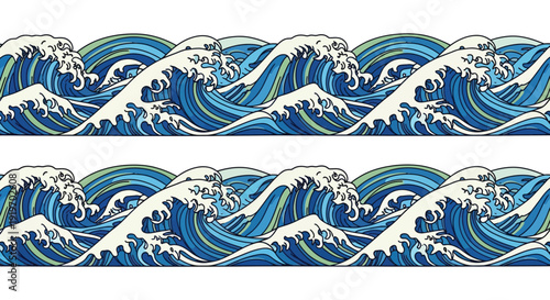 A repeating pattern of stylized ocean waves in blue and white ideal for borders and designs on transparent background silhouette