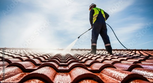 Professional roofer worker cleaning red clay tiled roof with high pressure water jet