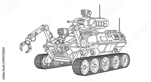 Advanced Robotic Tank with Claw Arm and Turret - Line Art Illustration