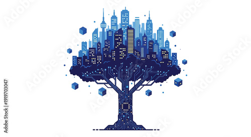 A futuristic cityscape emerges from a tree s branches blending technology and nature on transparent background a striking silhouette high quality professional