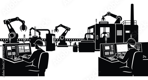 A detailed black silhouette of a modern factory with robotic arms and operators ideal for design projects on transparent background