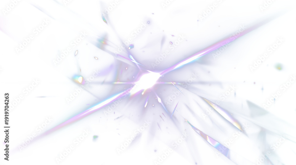 Obraz premium Holographic Prism Light Burst Explosion Isolated on Transparent Background PNG. bstract holographic prism light burst with bright center flare, iridescent rainbow glow and crystal energy rays.