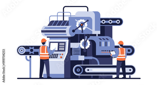 An illustration depicts factory workers operating complex machinery with gears showcasing industrial automation on transparent background silhouette high quality professional detailed