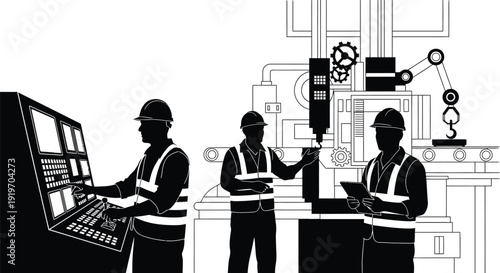 Industrial workers operating machinery in a factory setting depicted in a striking black and white silhouette on transparent background high quality