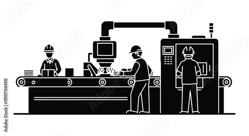 A black silhouette depicting factory workers operating automated machinery showcasing modern industrial processes on transparent background high quality professional detailed elegant