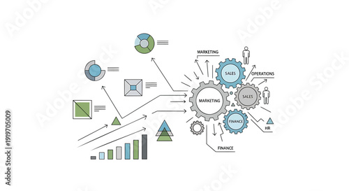 Business process management icon collection. Includes workflow, gear, chart, graph, and analytics symbols. Created in modern line style with blue and green palette.