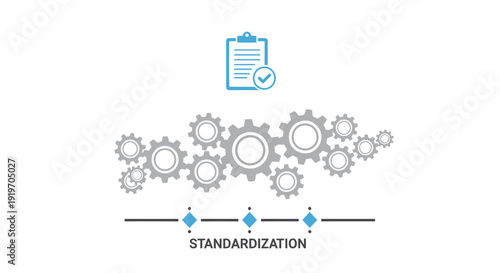 Standardization process vector illustration with clipboard, gears and timeline.