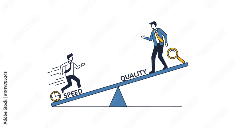 Fototapeta premium Businessman balancing speed and quality on a seesaw with another man running, vector illustration.