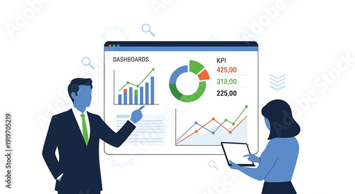 Business people analyzing data on a large screen with charts and graphs, discussing strategy.