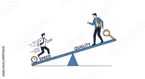 Businessman balancing speed and quality on a seesaw with another man running, vector illustration.