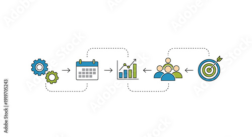 Business strategy and goal setting vector icon collection. Includes planning, analysis, teamwork, and target, objectives, and management symbols. Created in modern style with colorful palette.