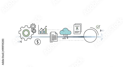 Technology and finance icon collection. Includes gear, money, graph, cloud, document, and leaf symbols. Created in line style with green and grey palette.