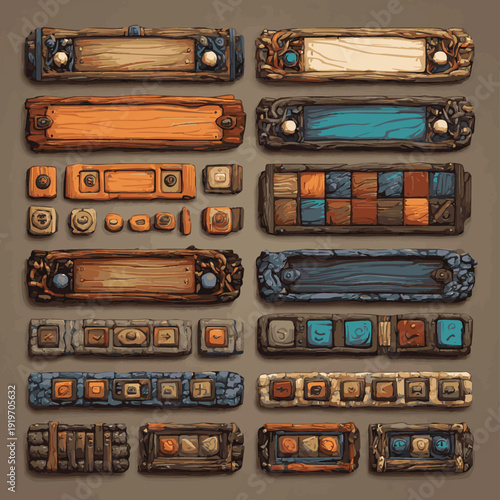 Collection of retro radio components. different kinds of Mediaeval wooden game gui set. Cartoon frames, boards, buttons, panel, menu with wood, metal and stone texture