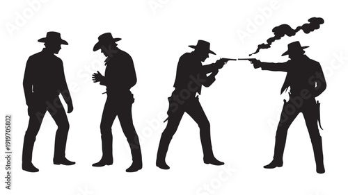 Cowboy Gunfight Silhouettes in Dramatic Action with Dark Shadows on White Background for Western Illustration