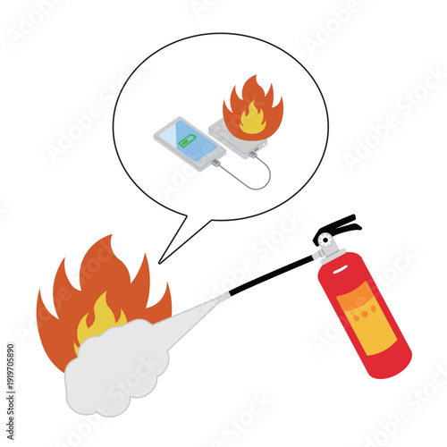 カラーイラスト | モバイルバッテリーの発火事故と消火器の噴射 | 火災予防と安全対策