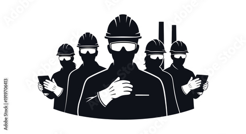 A group of construction workers in hard hats and safety glasses depicted in a striking black silhouette on transparent background