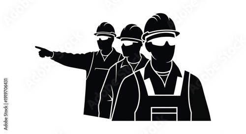 Three construction workers in hard hats and vests point forward a striking black silhouette on transparent background high quality professional detailed