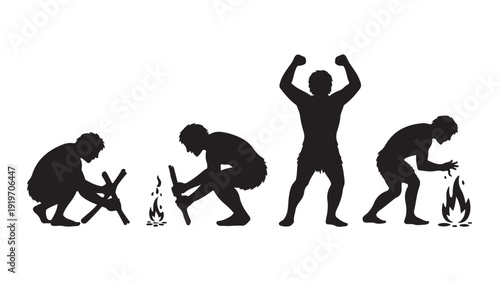 Man Starting Campfire in Various Stages with Celebratory Pose in Silhouette Style on White Background for Outdoor Adventure