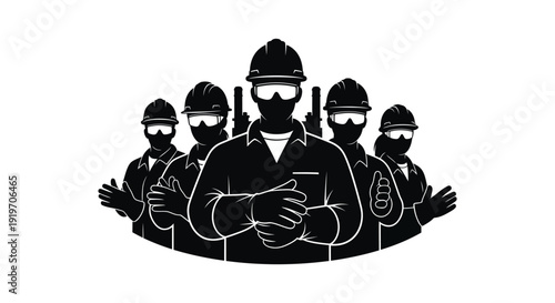 A group of construction workers in hard hats and vests depicted as a black silhouette on transparent background high quality professional