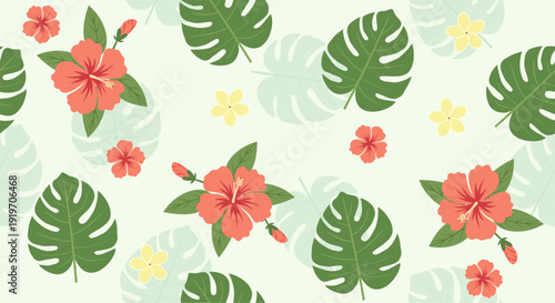 Seamless Tropical Pattern with Hibiscus Flowers and Monstera Leaves