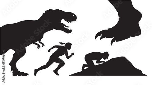 Silhouetted humans fleeing from dinosaur attack in dark mysterious lighting on white background for adventure theme