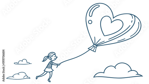 A smiling girl floats in the air holding a large heart-shaped balloon symbolizing love and freedom