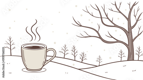 A comforting warm beverage steams in a simple line art drawing illustration of a snowy winter scene