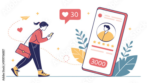 A person checks social media notifications on a smartphone while walking near a giant user profile interface.