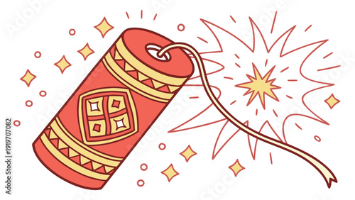 A vibrant illustration of a traditional red firecracker exploding with bright sparks and light