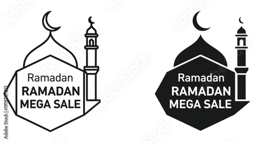 Ramadan Mega Sale Mosque Icon with Crescent Moon and Minaret Vector Badge