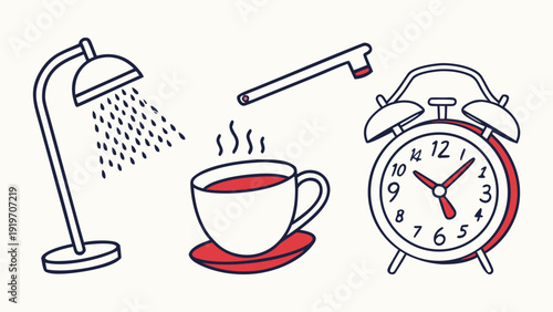A set of illustrations depicting a morning routine including a shower toothbrush and alarm clock