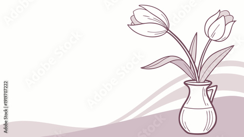 A line art illustration of elegant tulips in a decorative vase on a gentle background