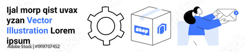 Woman holding an envelope, gear symbol, package box with shop branding. Ideal for e-commerce, logistics, communication, teamwork, delivery, automation and simple landing page