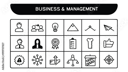 Collection of minimalist line icons for business administration teamwork and strategy development