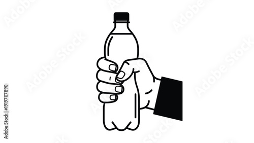 Outline drawing of a human hand firmly grasping a clear plastic water bottle, showing a simple black and white graphic design.