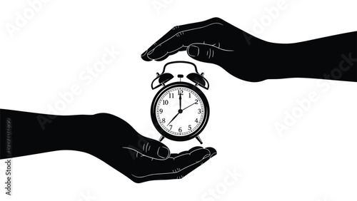 Silhouette of two human hands carefully shielding a classic twin bell alarm clock, representing the value and protection of time.