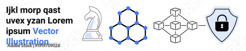 Strategy, blockchain tech, cybersecurity, network visualization, secure transactions, data integrity. Chess piece, hexagonal grid connected nodes shield with lock. Blockchain tech and cybersecurity