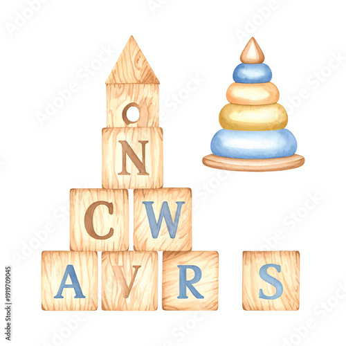 Building blocks toy set, wooden alphabet blocks, stacking tower, childhood game, transparent background, vector illustration