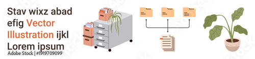 Office management, file storage, document categorization, workplace organization, archival system, digital workflow. Filing cabinets, file folders and a potted plant seen together. Office management