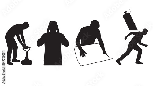 Silhouetted people working in various occupations with dramatic lighting on white background for business