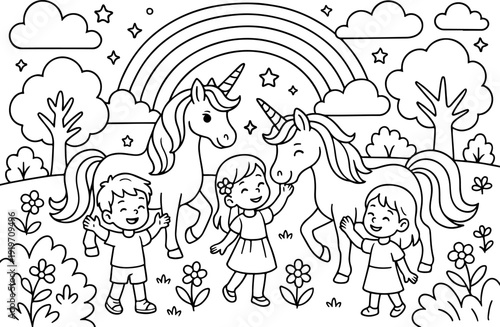 Unicorn Wonderland hand drawn vector illustration doodle art line art coloring page for kids