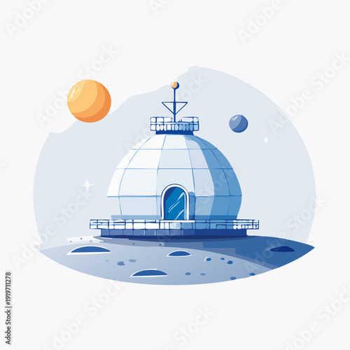 Futuristic Lunar Base on Moon Surface with Planets in Space.