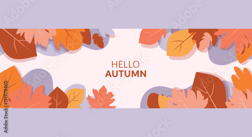 Hello Autumn banner featuring layered paper‑style leaves in orange, yellow, and brown. Playful fall design for seasonal greetings, invitations, social media headers, and cozy decorations.